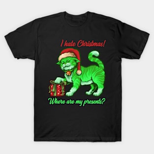 I hate Christmas Funny Poisonous Green Cat Santa Claus Gift T-Shirt